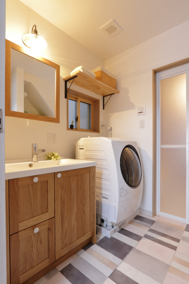 Scandinavian cloakroom in Kyoto with open cabinets, light wood cabinets, white walls, vinyl flooring, an integrated sink, solid surface worktops, white worktops, a freestanding vanity unit, a wallpapered ceiling and wallpapered walls.