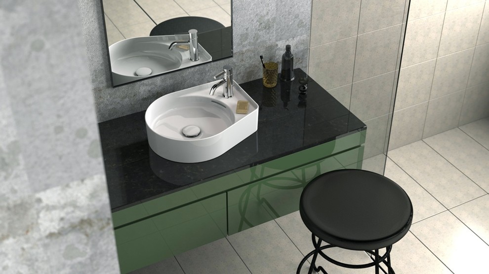 Idées déco pour un WC et toilettes contemporain avec une vasque, des portes de placards vertess, un carrelage gris, un mur gris et un sol gris.