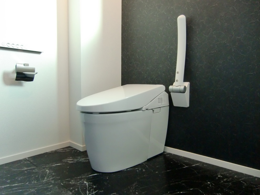 Réalisation d'un grand WC et toilettes minimaliste avec WC à poser, un sol en contreplaqué, un sol noir et un mur blanc.