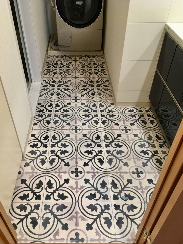 Example of a small transitional white tile vinyl floor and blue floor powder room design in Tokyo Suburbs with blue cabinets, solid surface countertops, gray countertops and white walls