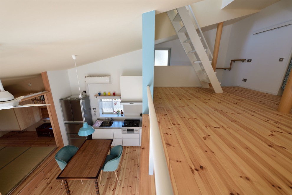 Kleiner, Fernseherloser Skandinavischer Hobbyraum im Loft-Stil mit weißer Wandfarbe, hellem Holzboden und beigem Boden in Sonstige