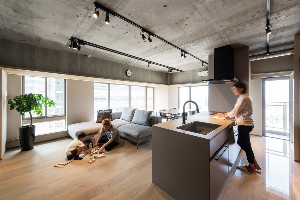 Ejemplo de sala de estar urbana con paredes blancas, suelo gris y suelo de madera en tonos medios
