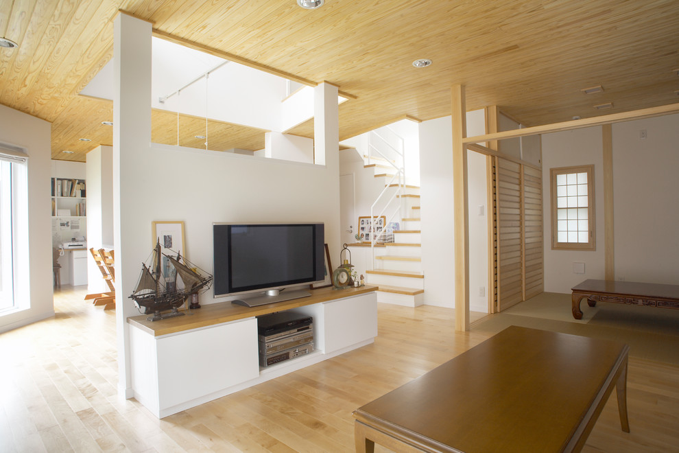 Exemple d'une salle de séjour asiatique avec un mur blanc, parquet clair, un téléviseur indépendant et un sol marron.