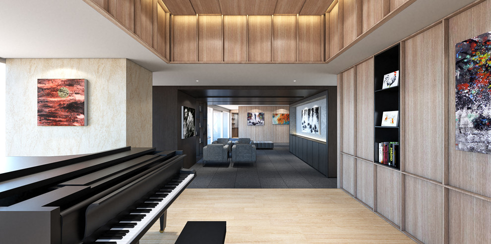 Идея дизайна: большая открытая гостиная комната в современном стиле с музыкальной комнатой, оранжевыми стенами, паркетным полом среднего тона и оранжевым полом без камина, телевизора