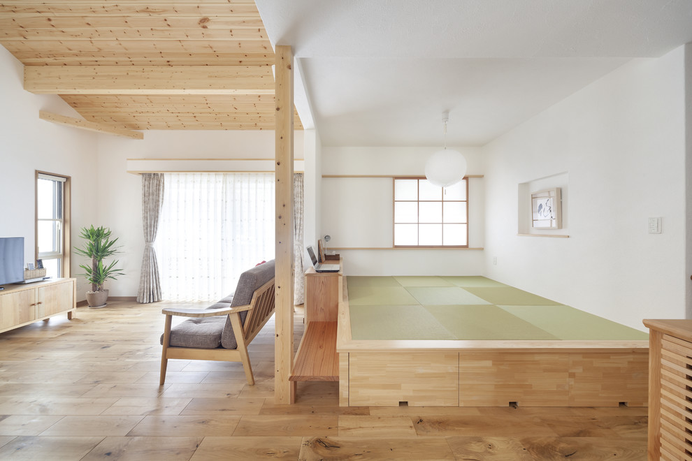 Réalisation d'un salon minimaliste ouvert avec une salle de réception, un mur blanc, un sol en bois brun, aucune cheminée, un téléviseur indépendant et un sol marron.