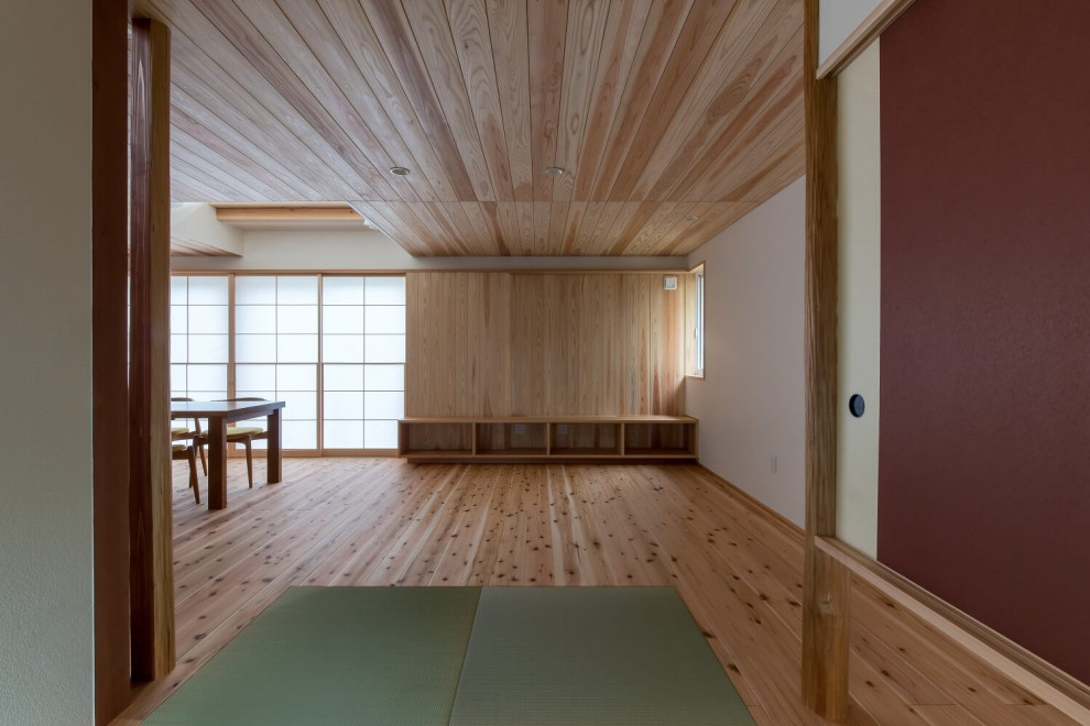 Exemple d'une grande salle de séjour asiatique avec un mur beige, un sol en bois brun, un téléviseur indépendant et un sol beige.