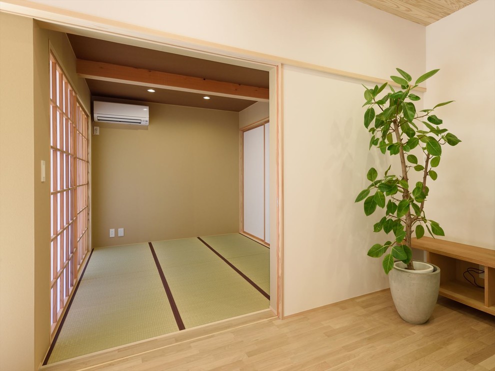 Réalisation d'une salle de séjour asiatique avec un mur marron, un sol de tatami et un sol vert.