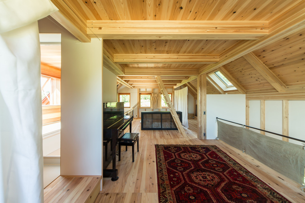 Foto di un soggiorno etnico stile loft con pareti bianche, parquet chiaro, sala della musica e pavimento beige