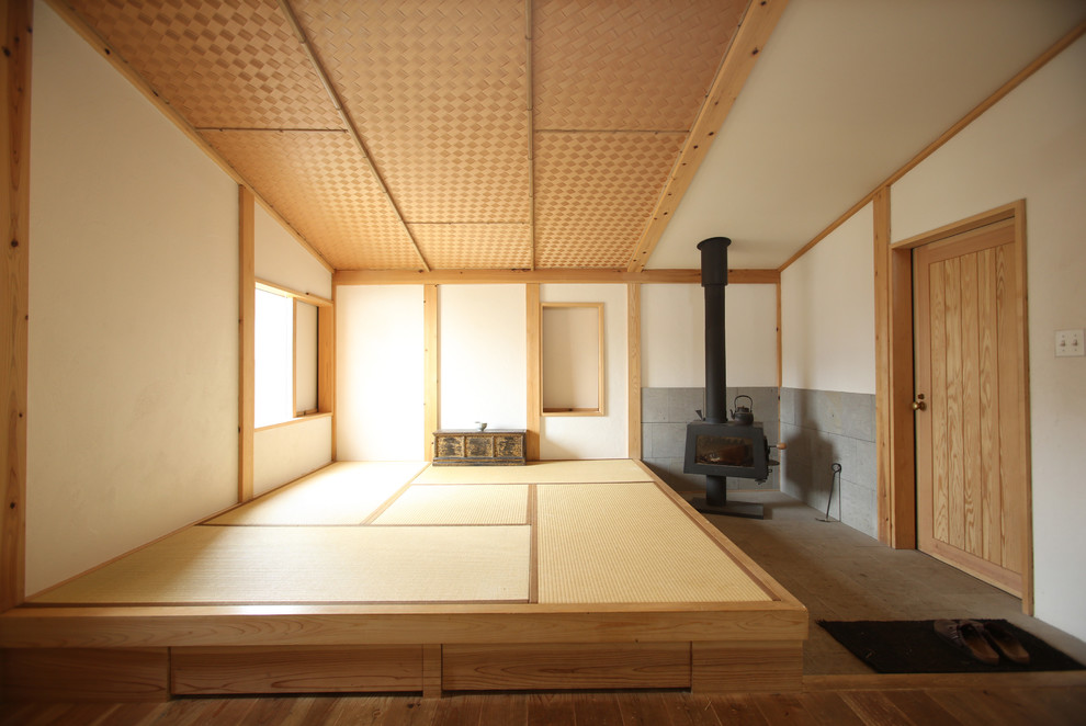 Cette image montre une salle de séjour avec un mur blanc, un sol en bois brun, un poêle à bois, un manteau de cheminée en pierre, un sol marron et un plafond en bois.