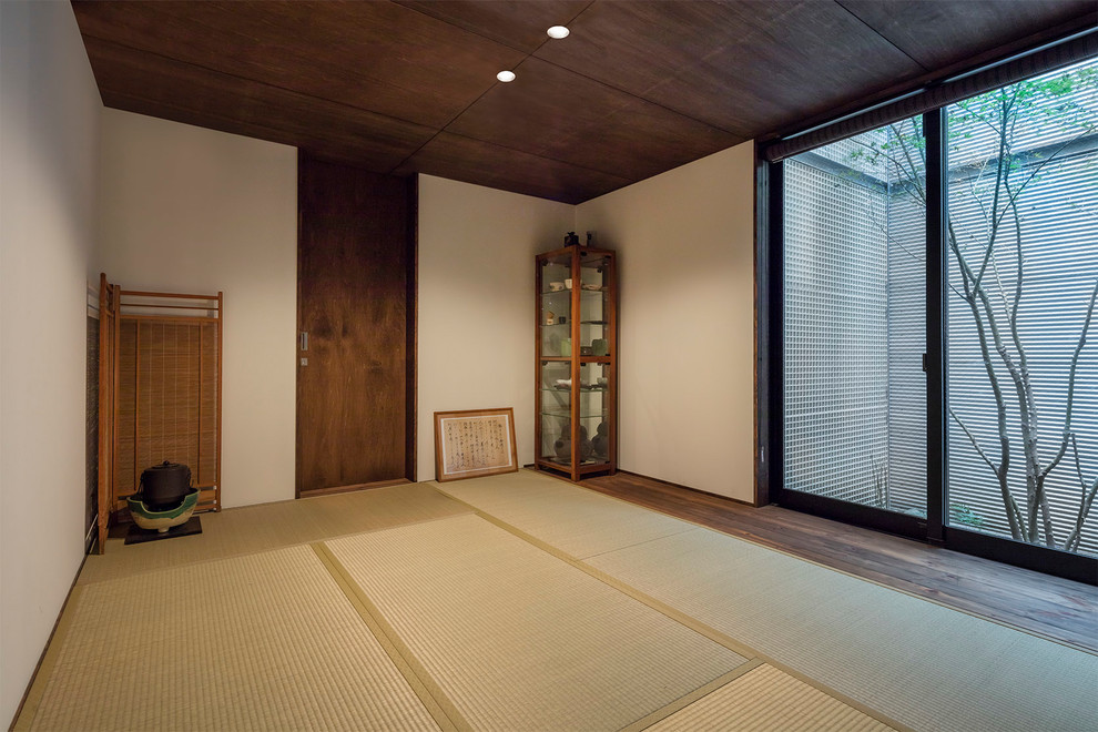 Idee per un soggiorno etnico con pareti bianche, pavimento in tatami, nessun camino e nessuna TV