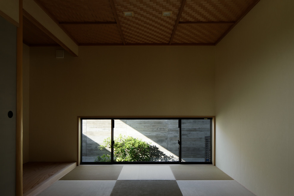 Ejemplo de sala de estar asiática sin chimenea y televisor con paredes verdes y tatami