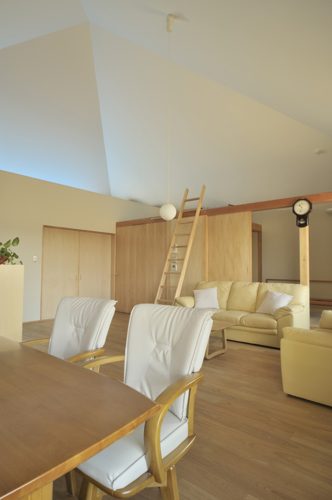Esempio di un soggiorno etnico di medie dimensioni e stile loft con pareti bianche, pavimento in compensato, TV autoportante e pavimento marrone