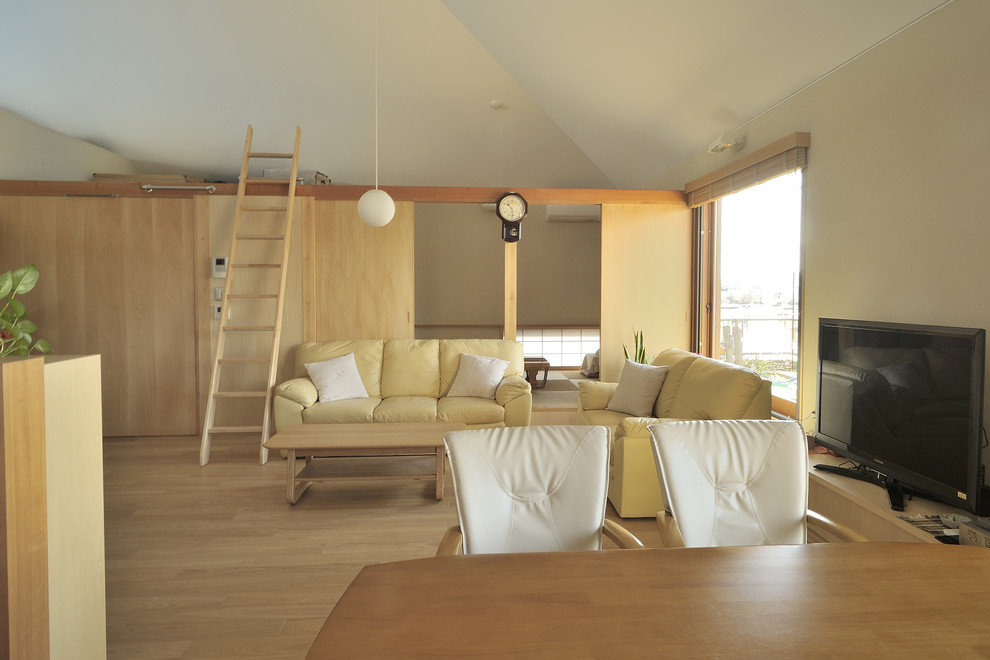 Foto di un soggiorno etnico di medie dimensioni e stile loft con pareti bianche, pavimento in compensato, TV autoportante e pavimento marrone