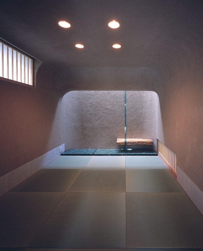 Esempio di un soggiorno etnico di medie dimensioni e chiuso con pareti beige, pavimento in tatami, nessun camino e pavimento verde