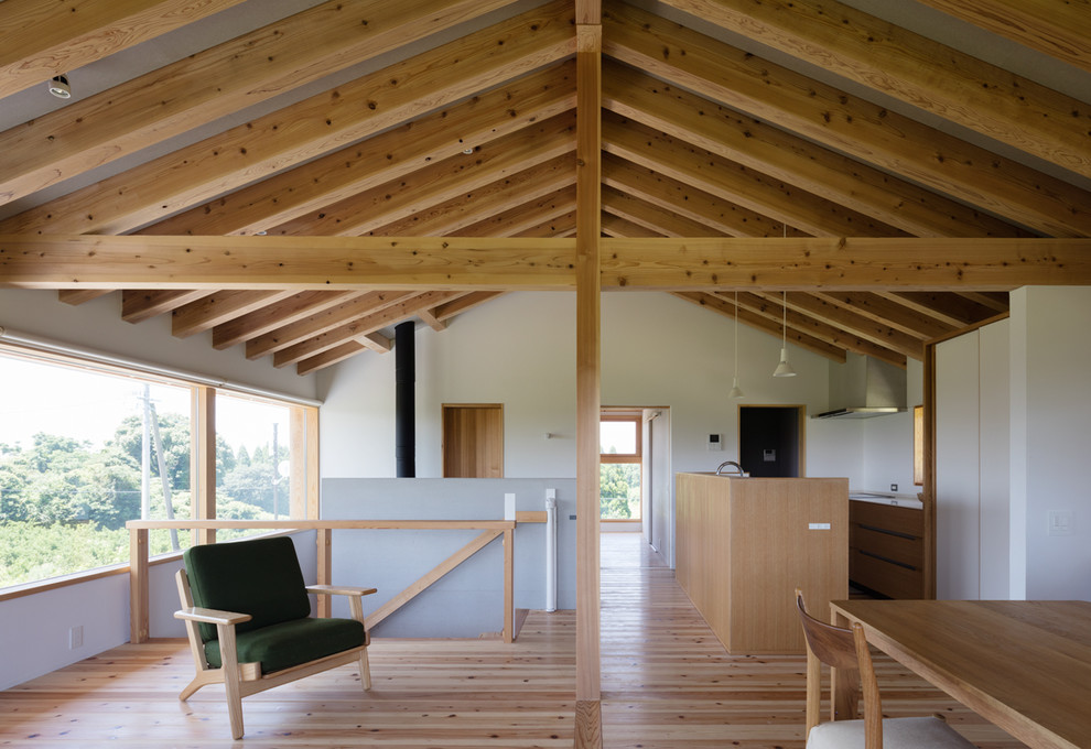 Idee per un soggiorno etnico con pareti bianche, parquet chiaro, stufa a legna e pavimento beige