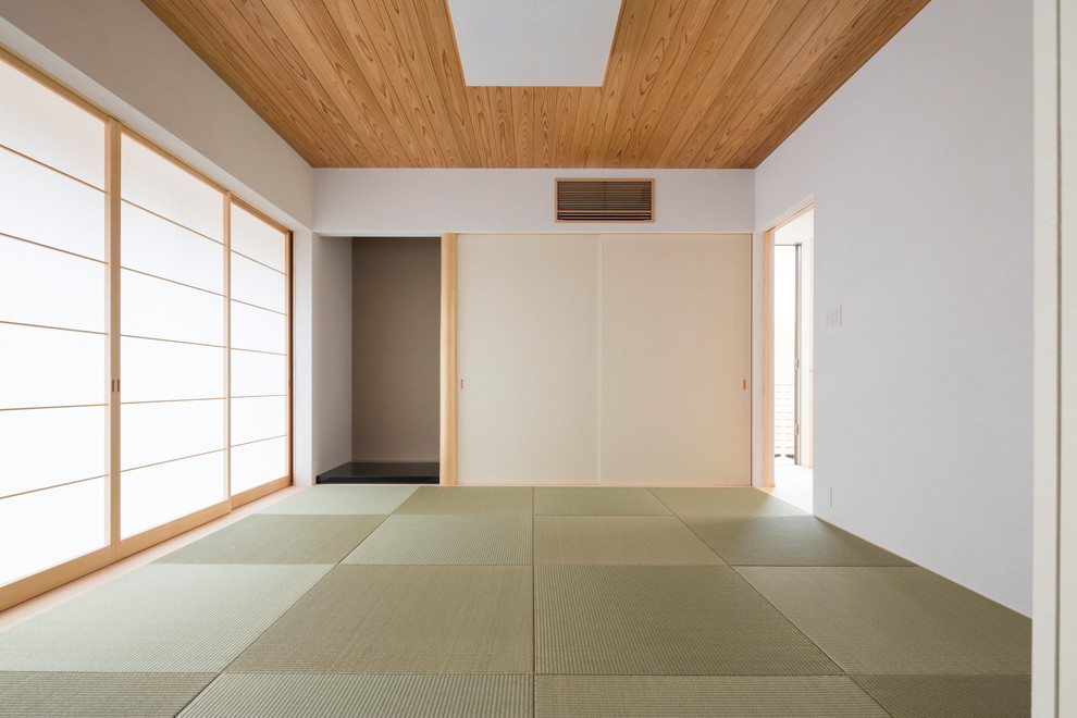 Aménagement d'une salle de séjour asiatique avec un mur blanc, un sol de tatami et un sol vert.