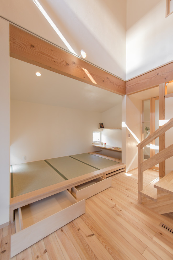 Источник вдохновения для домашнего уюта: изолированная гостиная комната в восточном стиле с белыми стенами, светлым паркетным полом и бежевым полом