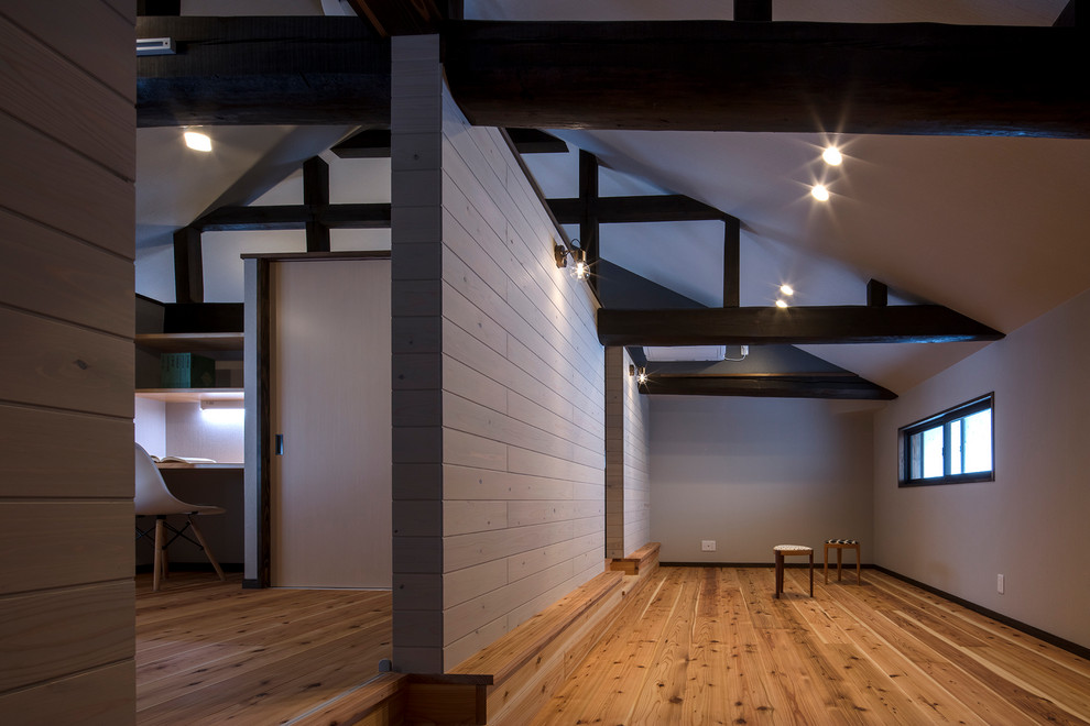 Foto di un soggiorno minimalista con pareti bianche, pavimento in legno verniciato, soffitto in carta da parati e carta da parati