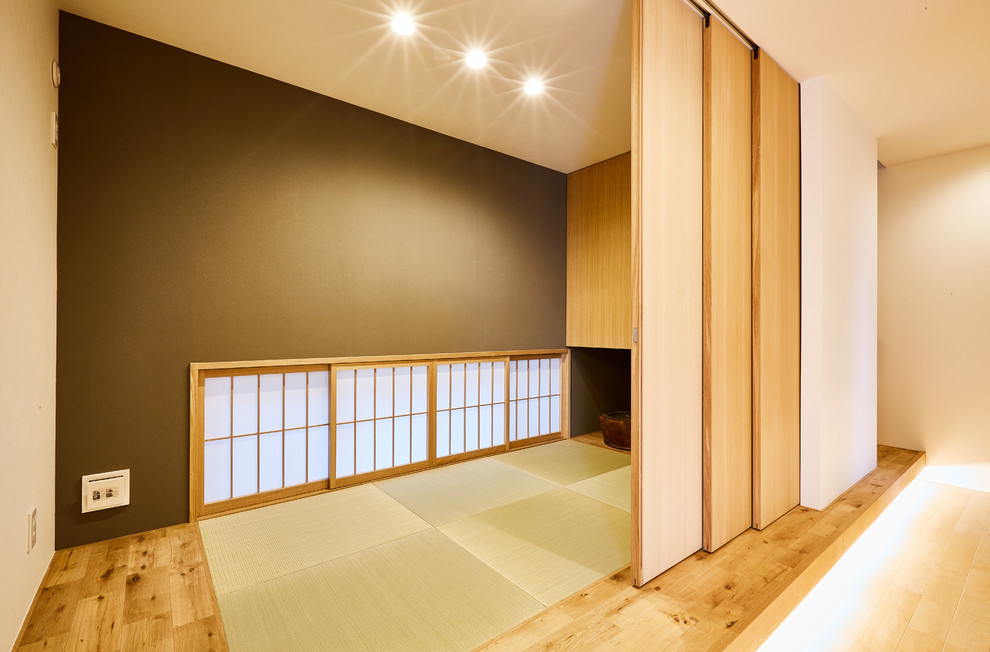 Idées déco pour une salle de séjour contemporaine avec un mur vert et un sol de tatami.