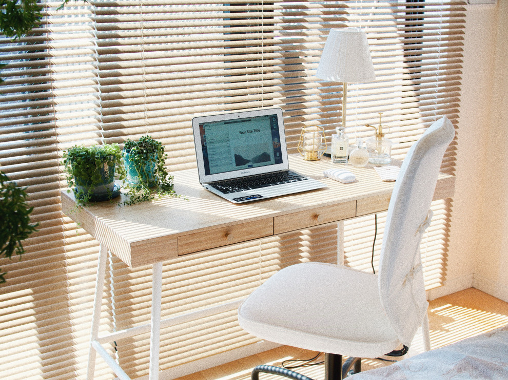 Imagen de despacho escandinavo pequeño con paredes blancas, escritorio independiente y papel pintado