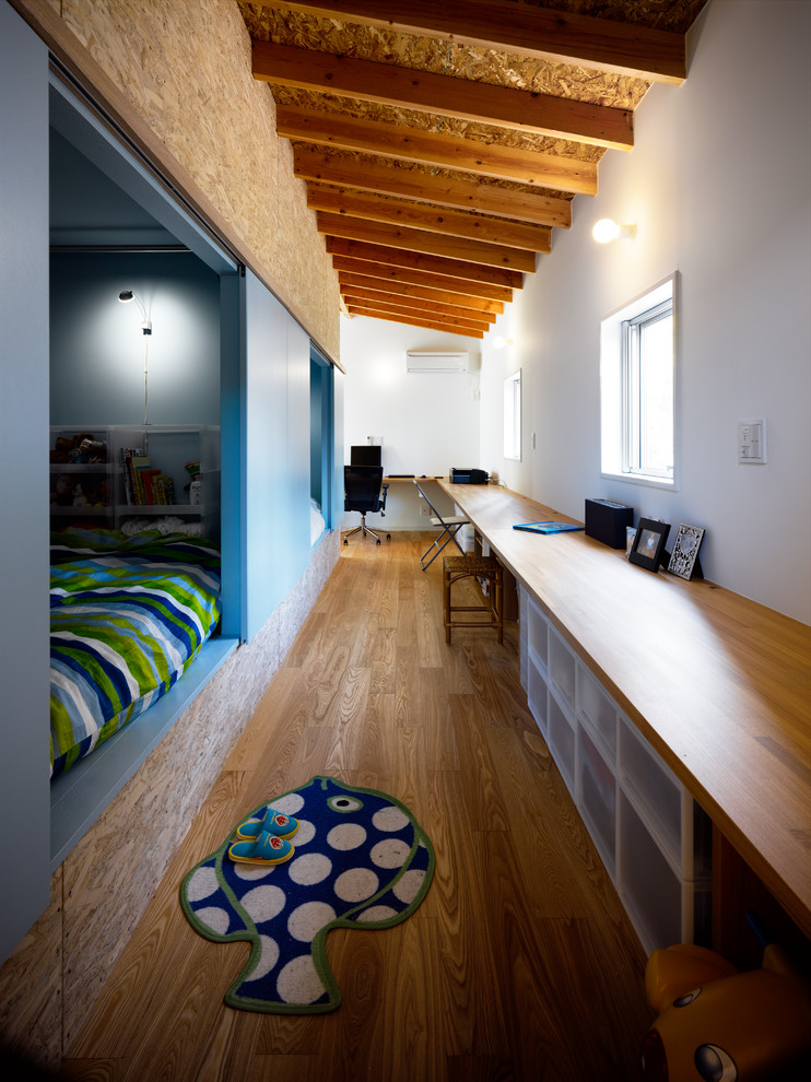 Großes Asiatisches Arbeitszimmer mit weißer Wandfarbe, braunem Holzboden, Einbau-Schreibtisch und braunem Boden in Sonstige