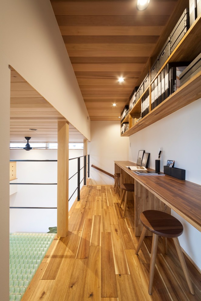 Ejemplo de despacho escandinavo con paredes blancas y suelo marrón
