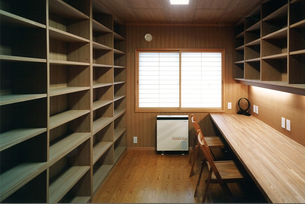 Exempel på ett asiatiskt hemmabibliotek, med ett inbyggt skrivbord