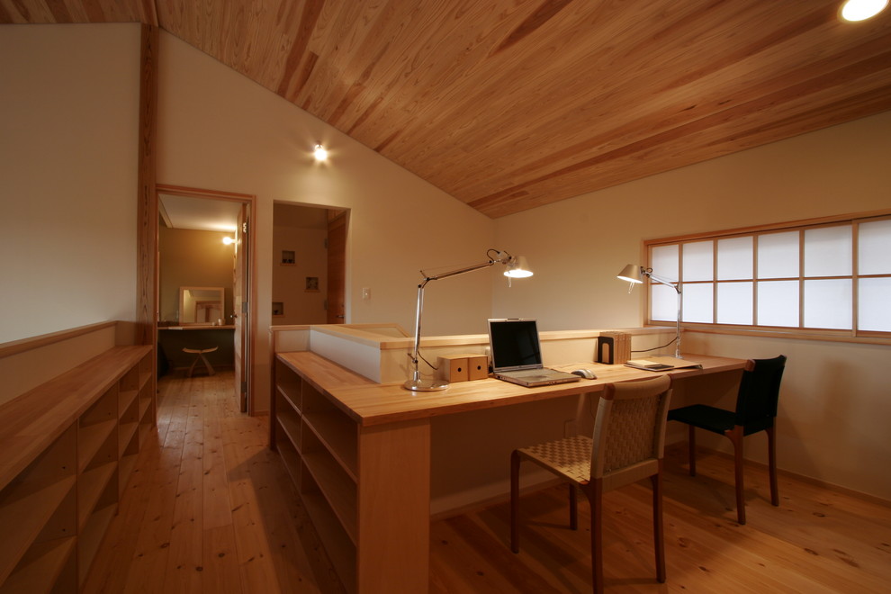 Foto på ett funkis arbetsrum, med ett bibliotek, beige väggar, mellanmörkt trägolv, beiget golv och ett inbyggt skrivbord