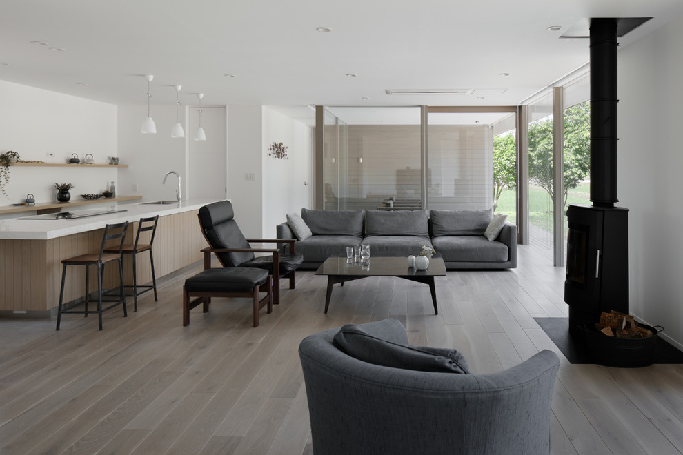 Ispirazione per un soggiorno moderno aperto con pareti bianche, pavimento grigio, parquet chiaro, stufa a legna e cornice del camino in metallo