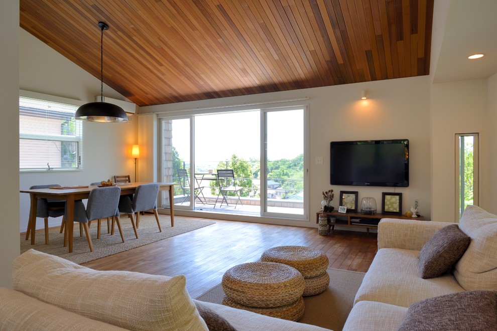 Inspiration for an open concept medium tone wood floor and brown floor living room remodel in Other with white walls and a wall-mounted tv