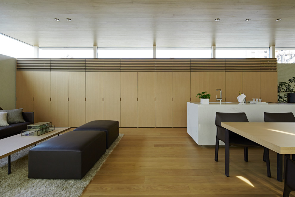 Minimalist formal and open concept plywood floor and beige floor living room photo in Tokyo with white walls