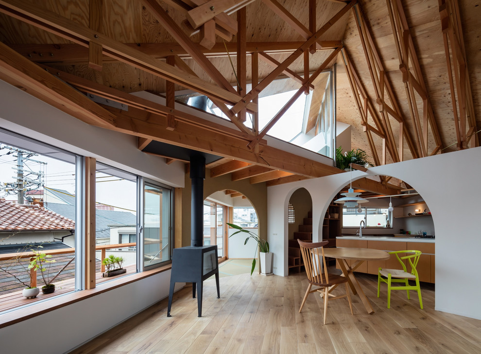 Idee per un soggiorno design aperto con pareti bianche, parquet chiaro, stufa a legna e pavimento beige
