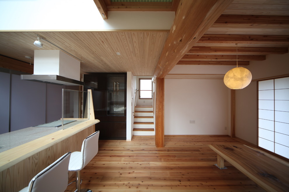 Mittelgroßes, Offenes Asiatisches Wohnzimmer mit weißer Wandfarbe, hellem Holzboden, freistehendem TV und beigem Boden in Sonstige