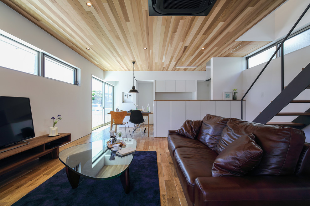 Exemple d'un salon tendance ouvert avec un mur blanc, un sol en bois brun, un téléviseur indépendant et un sol marron.