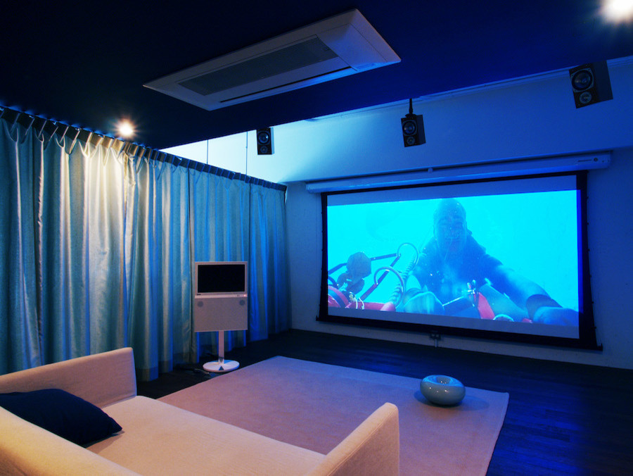 Imagen de cine en casa abierto minimalista de tamaño medio con paredes blancas y suelo de madera oscura