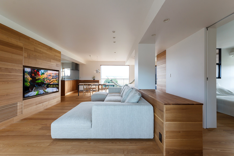 Foto di un soggiorno design con pareti bianche, pavimento in legno massello medio, TV a parete e pavimento marrone