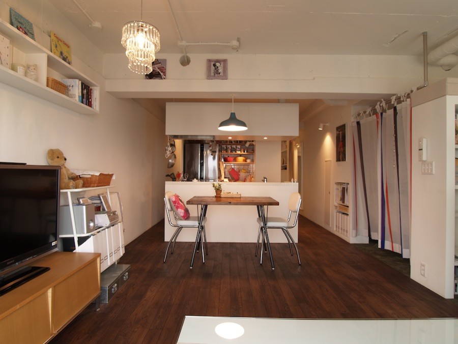 Photo of a small beach style formal open plan living room in Tokyo with white walls, dark hardwood flooring, no fireplace and a freestanding tv.