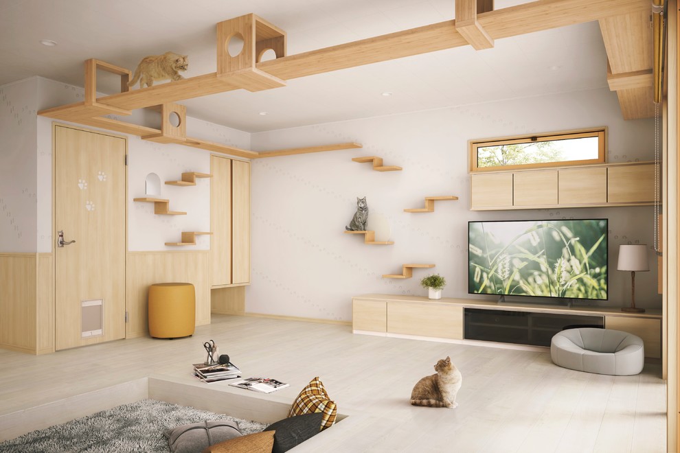Living room - scandinavian painted wood floor and beige floor living room idea in Tokyo with white walls