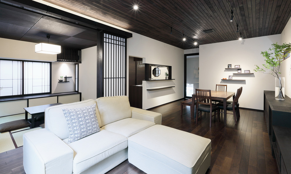Immagine di un soggiorno minimalista aperto con pareti bianche, parquet scuro e pavimento marrone