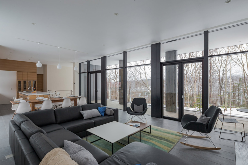 Foto di un soggiorno minimalista di medie dimensioni e aperto con pareti bianche, pavimento con piastrelle in ceramica e pavimento grigio