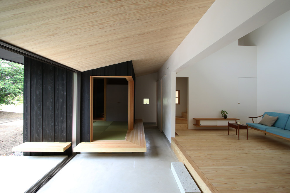 Esempio di un soggiorno minimalista di medie dimensioni con camino ad angolo