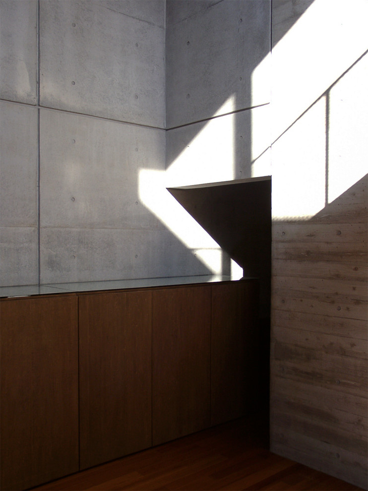 Offenes Modernes Wohnzimmer mit grauer Wandfarbe und dunklem Holzboden in Tokio Peripherie