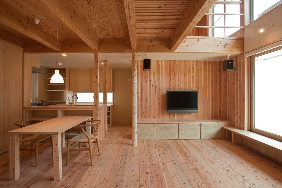 Idéer för ett lantligt allrum med öppen planlösning, med bruna väggar, mellanmörkt trägolv, en väggmonterad TV och brunt golv