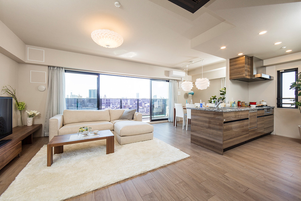 Design ideas for a contemporary living room in Nagoya with brown walls, brown floors and dark hardwood flooring.