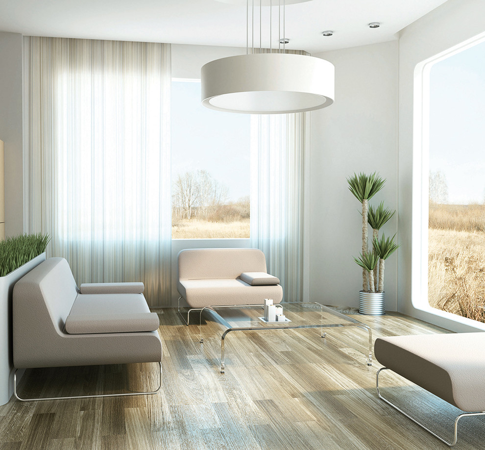 Idee per un soggiorno contemporaneo con pareti bianche, pavimento in compensato e nessuna TV