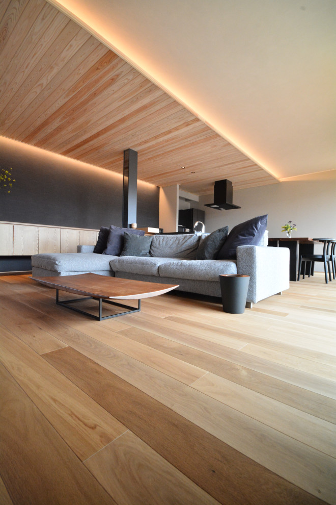 Bild på ett skandinaviskt vardagsrum, med grå väggar, plywoodgolv och beiget golv