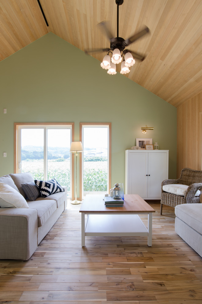 Mittelgroßes Wohnzimmer im Loft-Stil mit beiger Wandfarbe, braunem Holzboden und braunem Boden in Sonstige