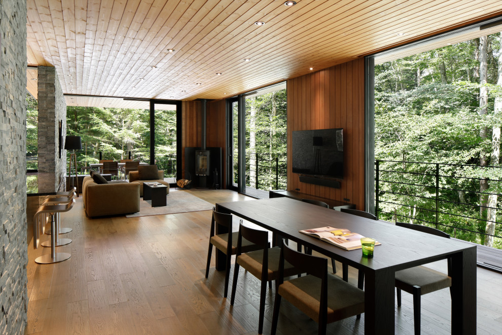 Offenes Modernes Wohnzimmer mit braunem Holzboden, TV-Wand und braunem Boden in Sonstige