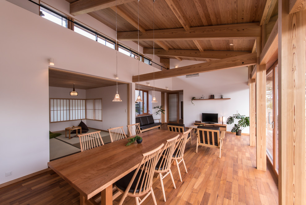 Cette image montre un salon ouvert avec un mur blanc, un sol en bois brun, un téléviseur indépendant et un sol marron.