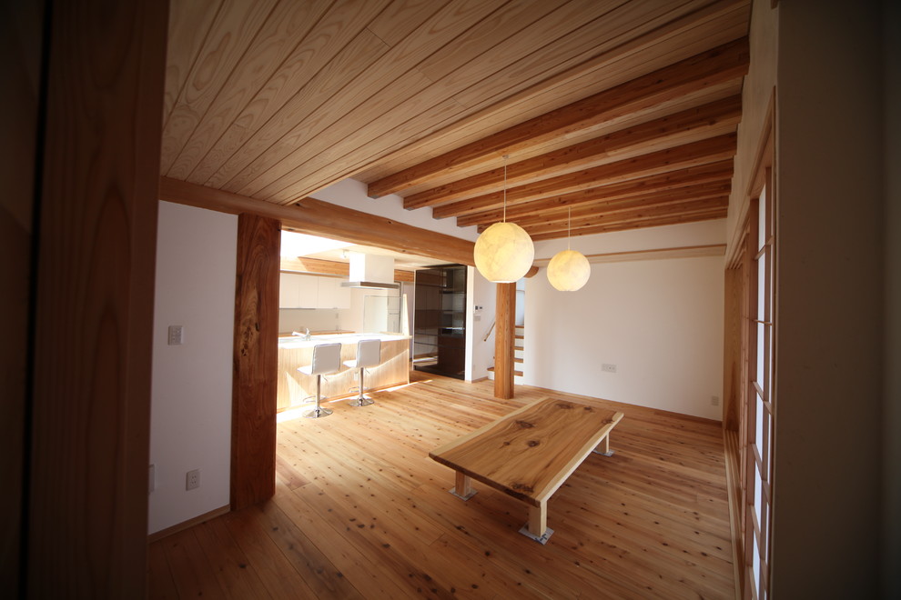 Ejemplo de salón abierto de estilo zen de tamaño medio con paredes blancas, suelo de madera clara, televisor independiente y suelo beige